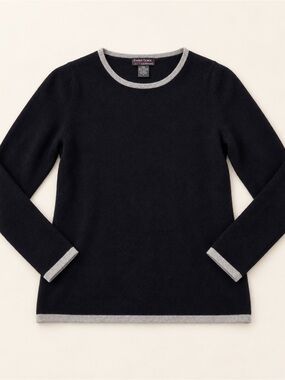 Evelyn Grace cashmere Black Crewneck Sweater with Gray Contrast Trim
